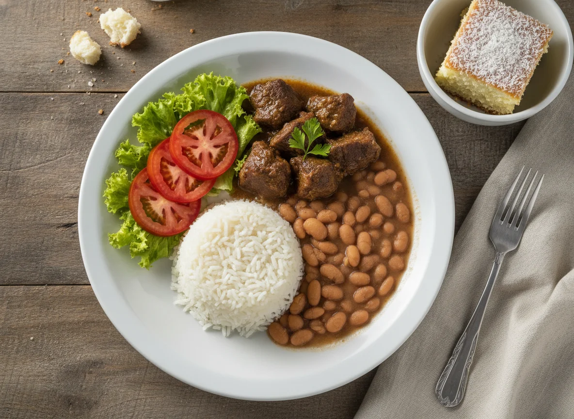 Prato Feito Brasileiro com Carne de Panela e Sobremesa photo