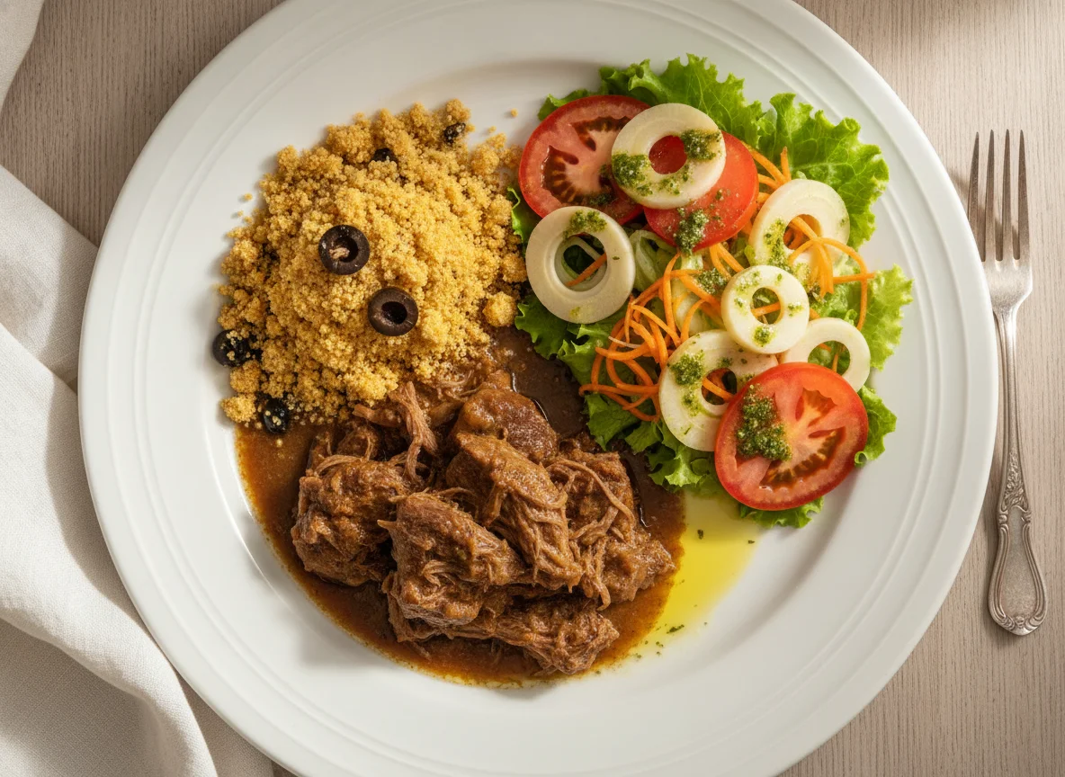 Prato Feito Brasileiro com Carne de Panela, Farofa e Salada photo