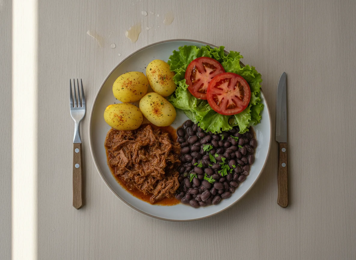 Prato Feito Brasileiro com Carne de Panela, Feijão Preto, Batata e Salada photo