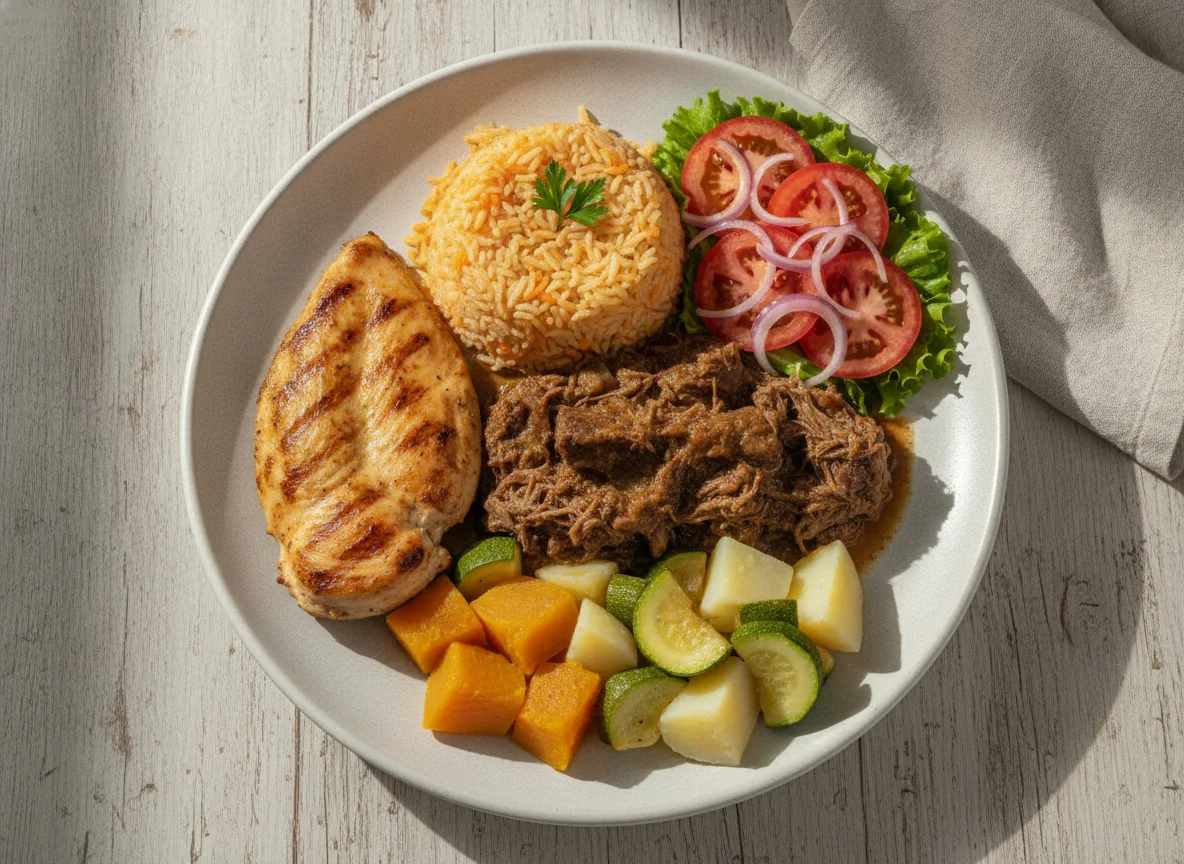 Prato Feito Brasileiro com Carne de Panela, Frango e Legumes photo