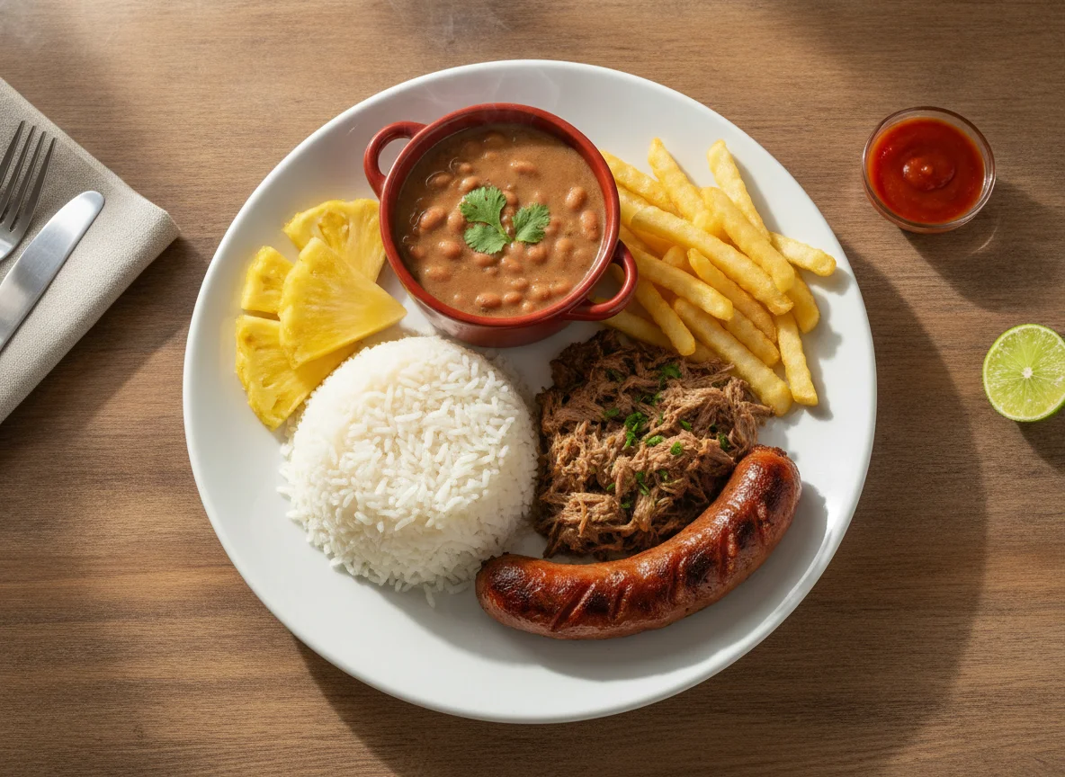 Prato Feito Brasileiro com Carne de Panela, Linguiça e Abacaxi photo