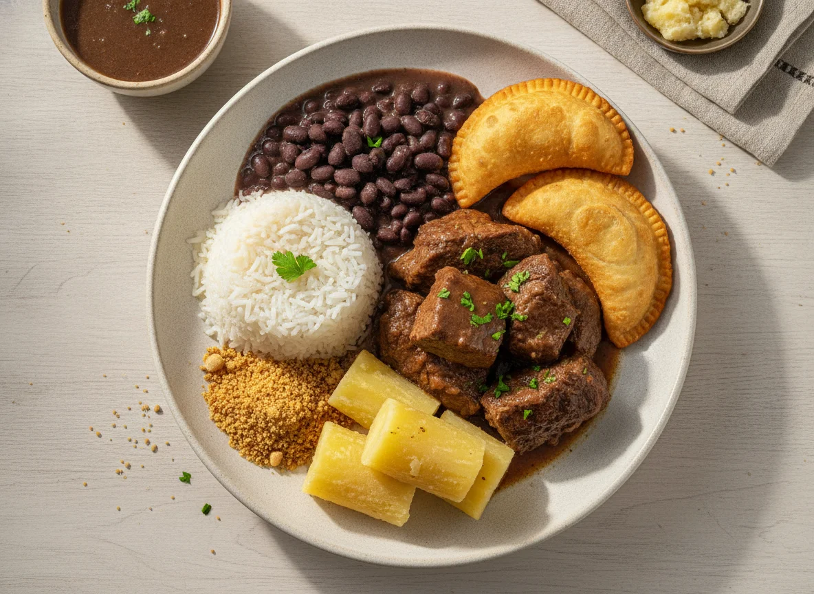 Prato Feito Brasileiro com Carne de Panela, Mandioca e Pastel photo