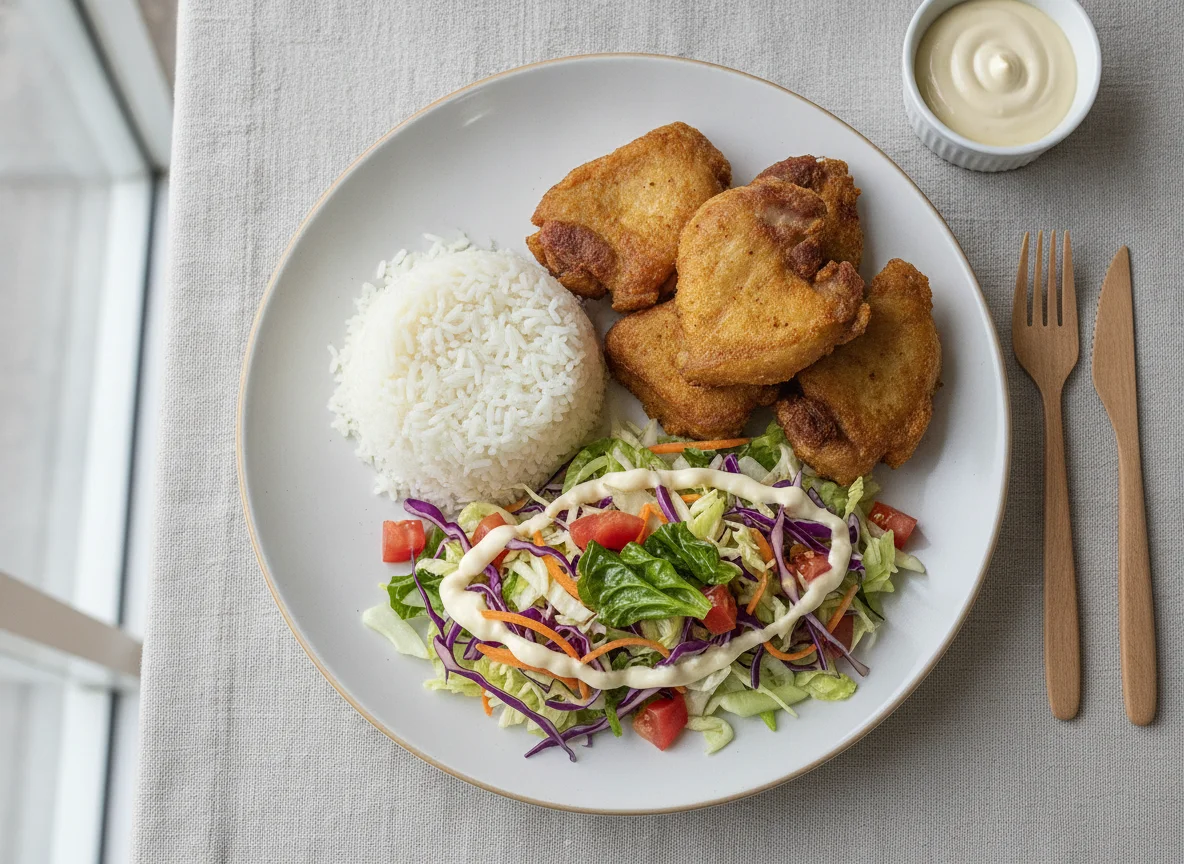 Prato Feito Brasileiro com Carne de Porco, Arroz e Salada photo