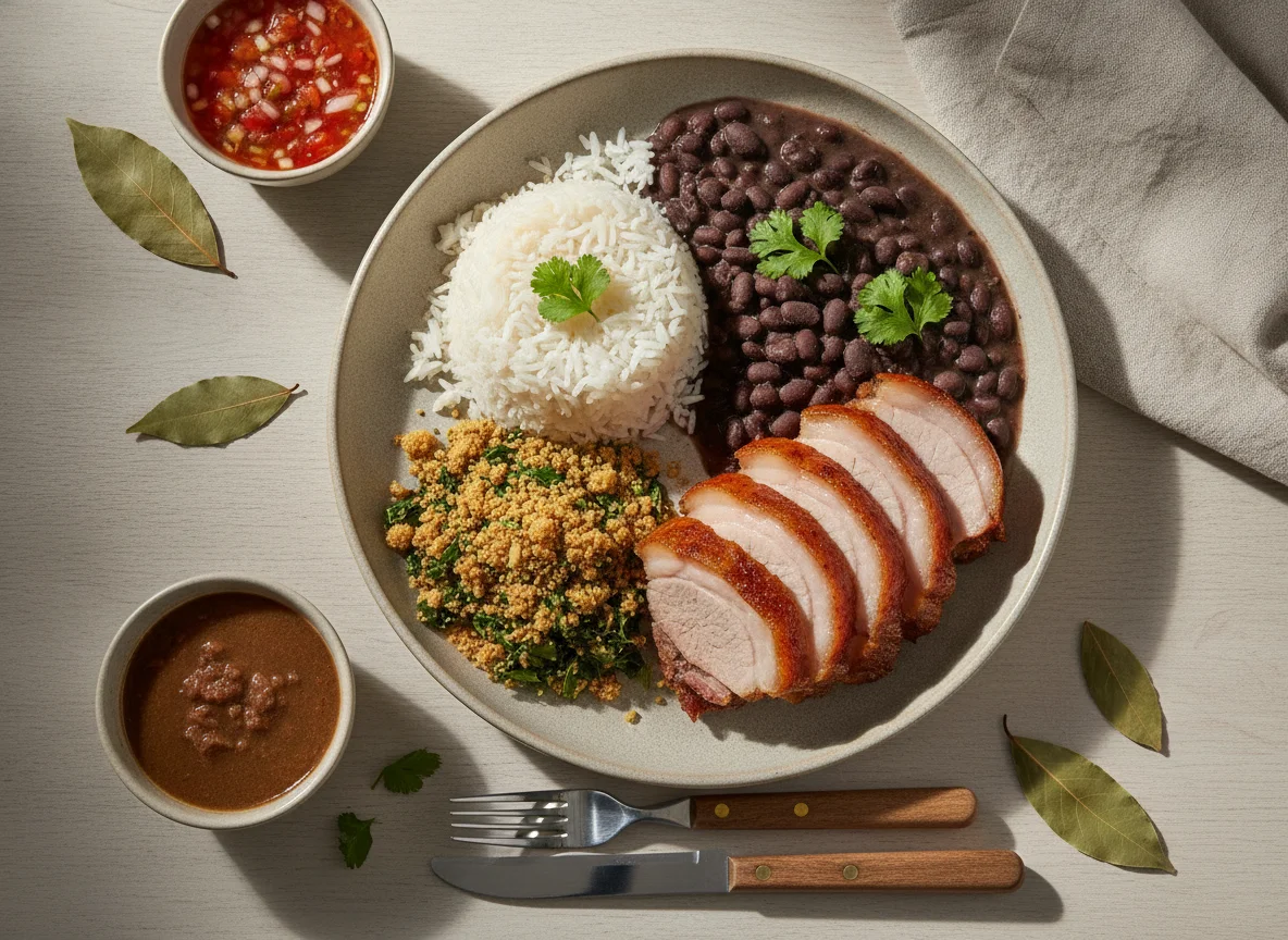 Prato Feito Brasileiro com Carne de Porco, Arroz, Feijão Preto, Farofa e Molho photo