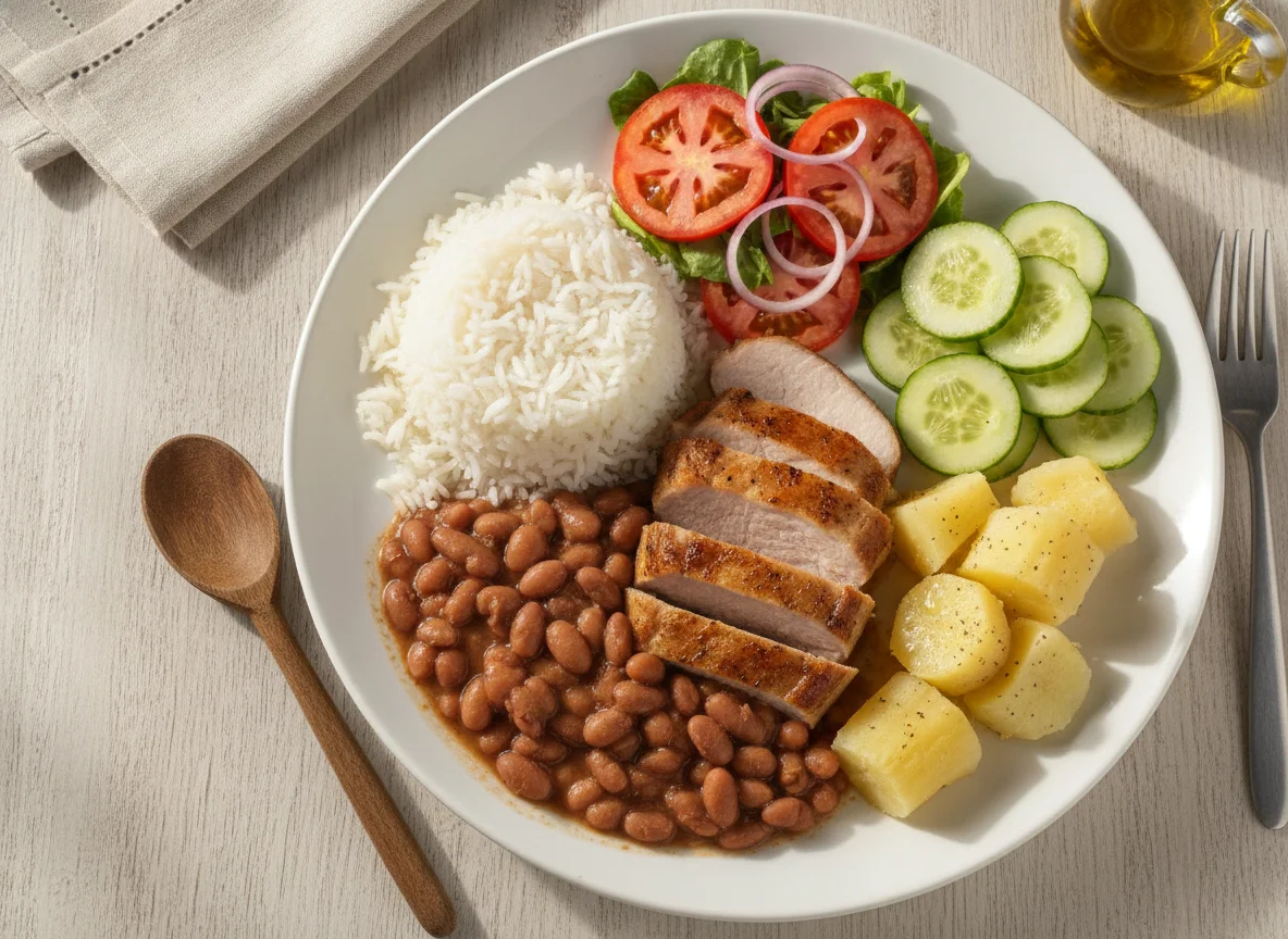Prato Feito Brasileiro com Carne de Porco, Arroz, Feijão e Salada photo