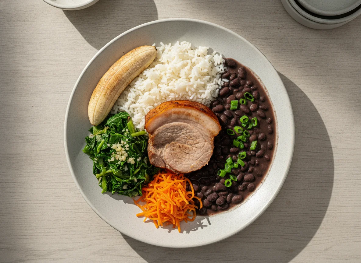 Prato Feito Brasileiro com Carne de Porco, Arroz, Feijão, Couve e Banana photo