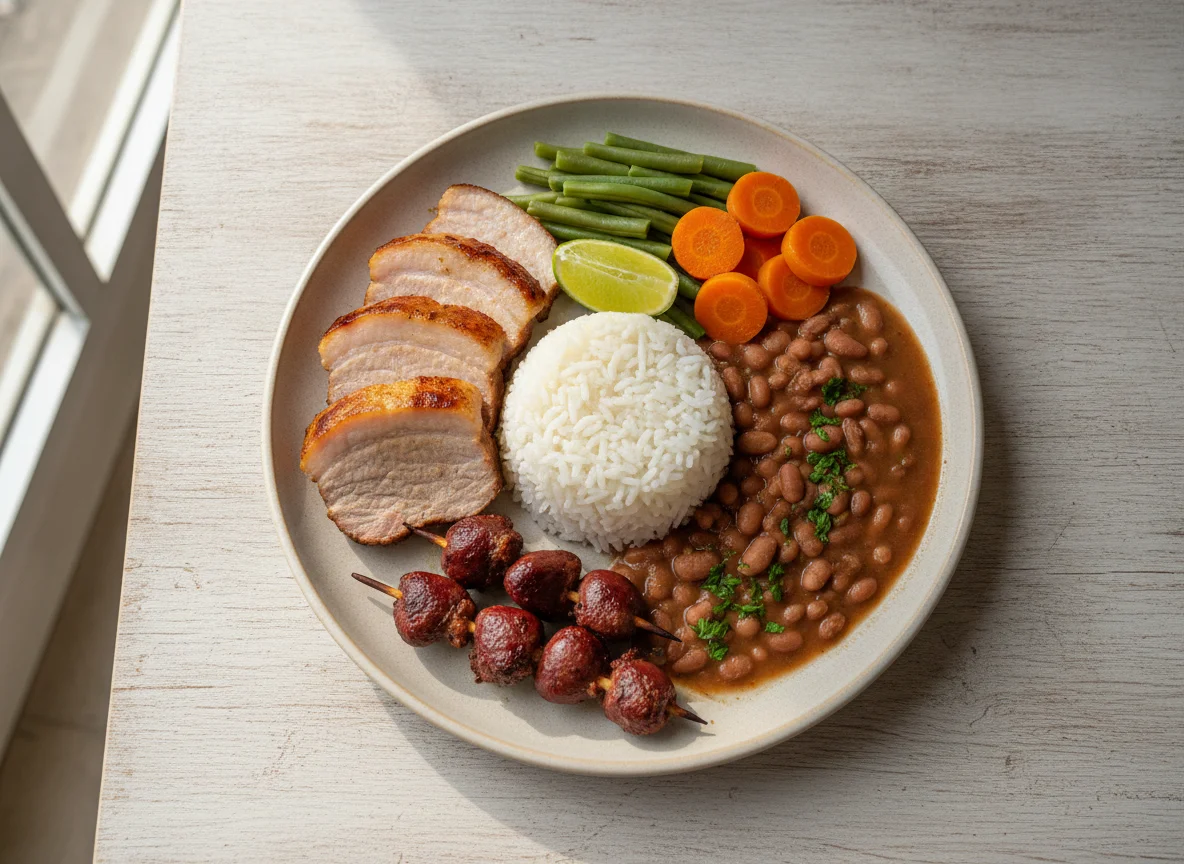 Prato Feito Brasileiro com Carne de Porco e Coração de Frango photo