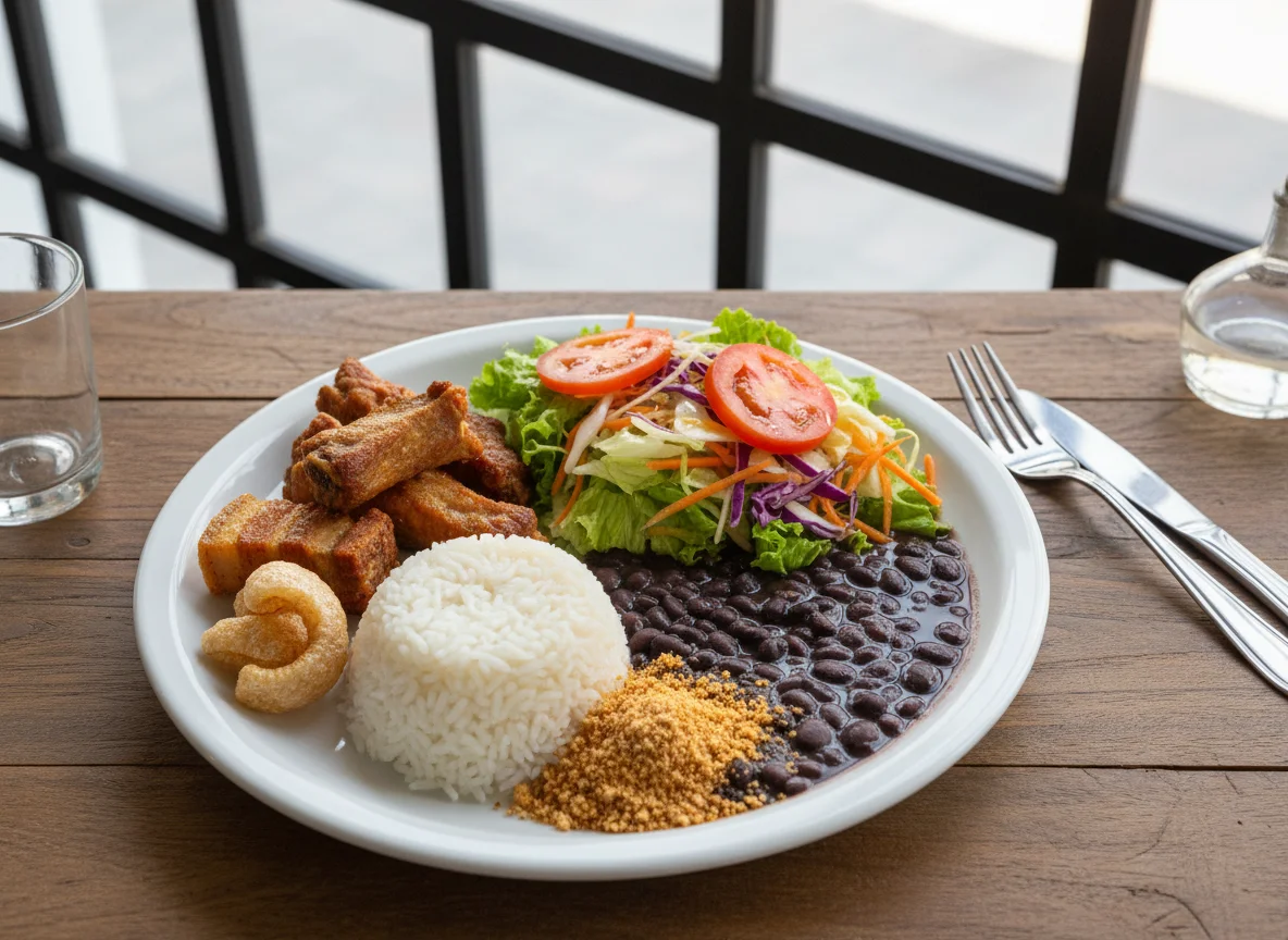 Prato feito brasileiro com carne de porco e salada photo