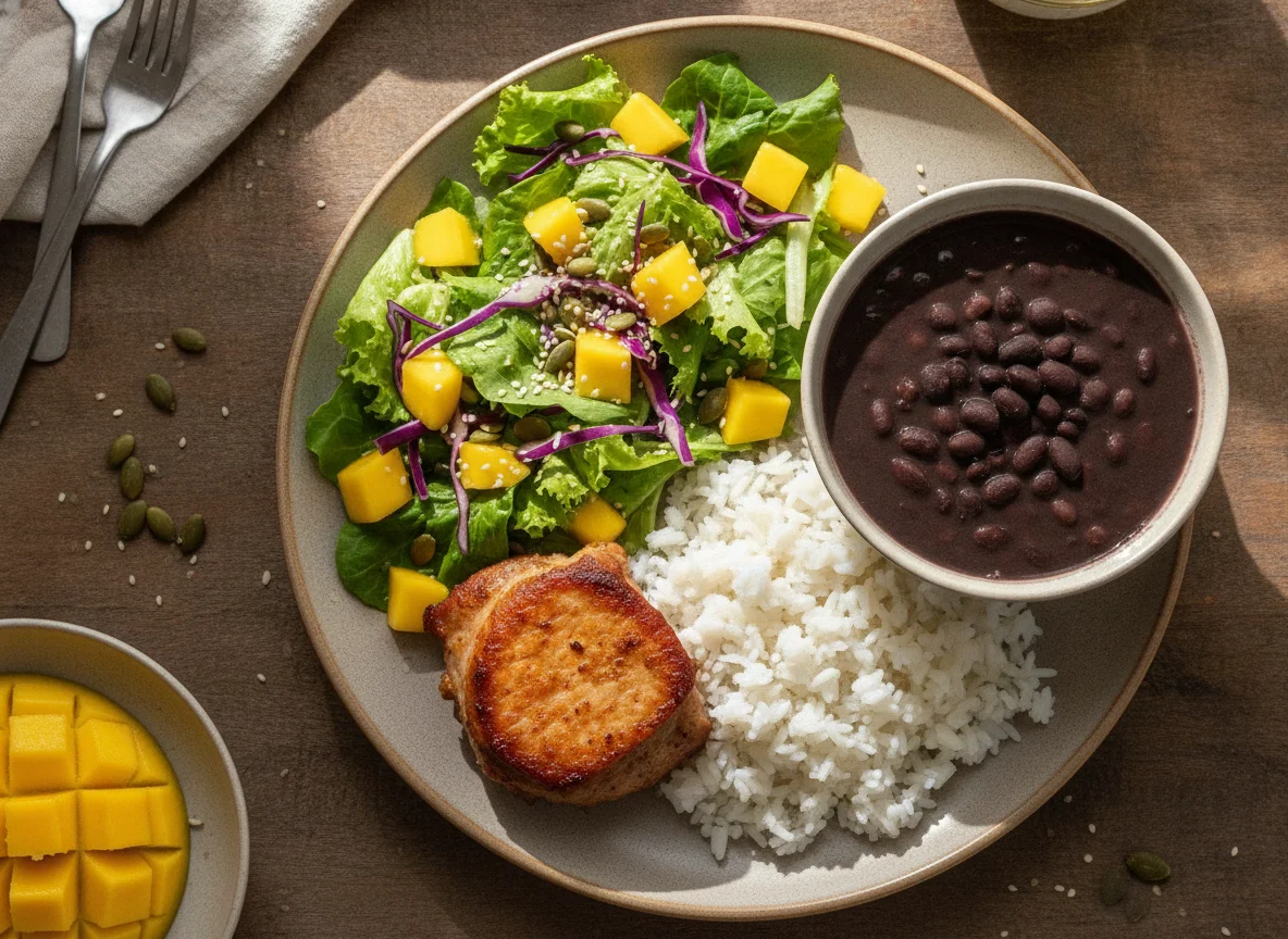 Prato Feito Brasileiro com Carne de Porco, Feijão e Salada photo