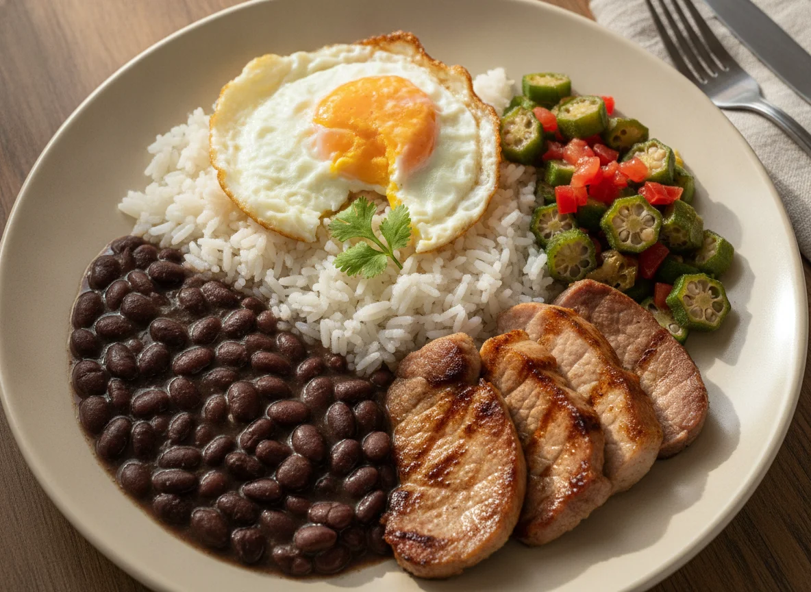 Prato Feito Brasileiro com Carne de Porco, Feijão Preto, Arroz, Quiabo e Tomate photo