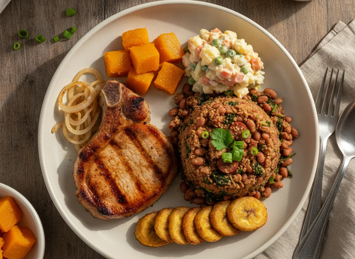 Prato Feito Brasileiro com Carne de Porco, Feijão Tropeiro e Acompanhamentos photo