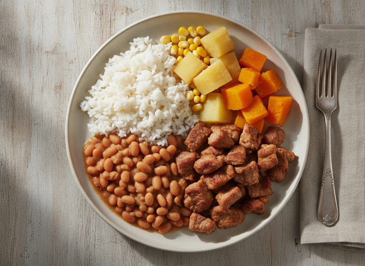 Prato Feito Brasileiro com Carne de Porco, Mandioca e Abóbora photo