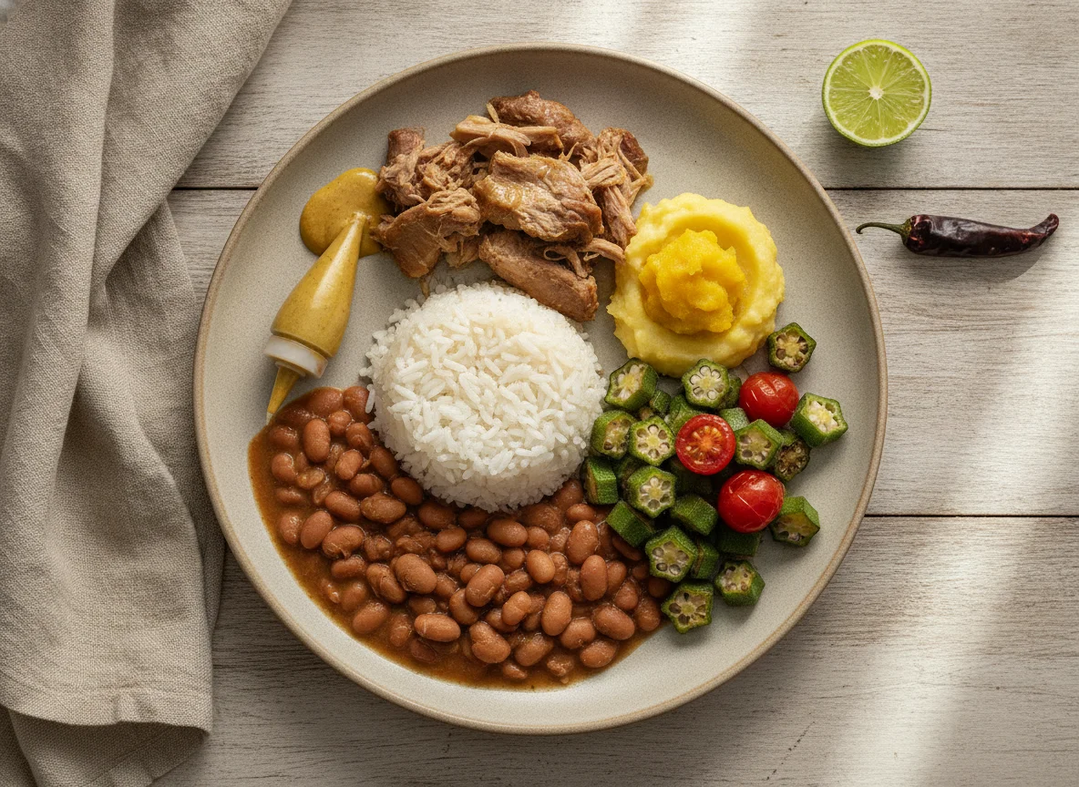 Prato Feito Brasileiro com Carne de Porco, Quiabo e Purê photo