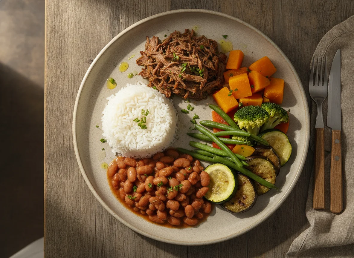 Prato feito brasileiro com carne desfiada, arroz, feijão e legumes photo