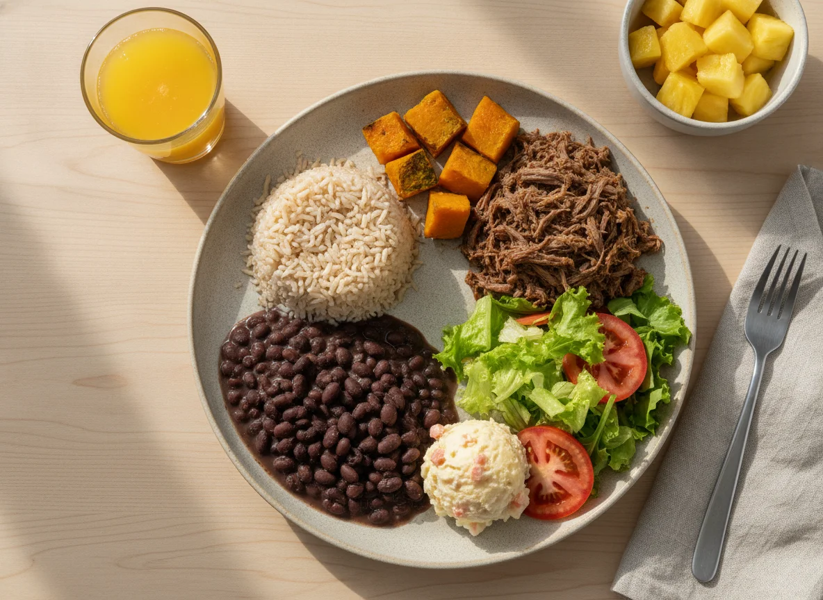 Prato Feito Brasileiro com Carne Desfiada, Arroz, Feijão e Saladas photo