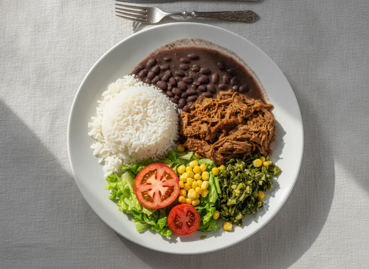 Prato Feito Brasileiro com Carne Desfiada, Arroz, Feijão e Salada photo