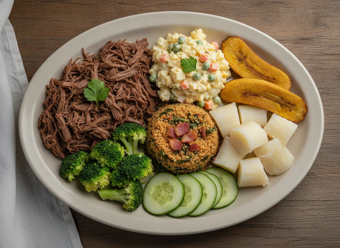 Prato Feito Brasileiro com Carne Desfiada e Acompanhamentos photo
