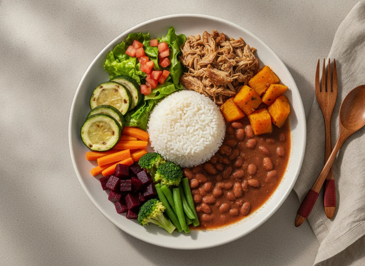Prato Feito Brasileiro com Carne Desfiada e Vegetais photo