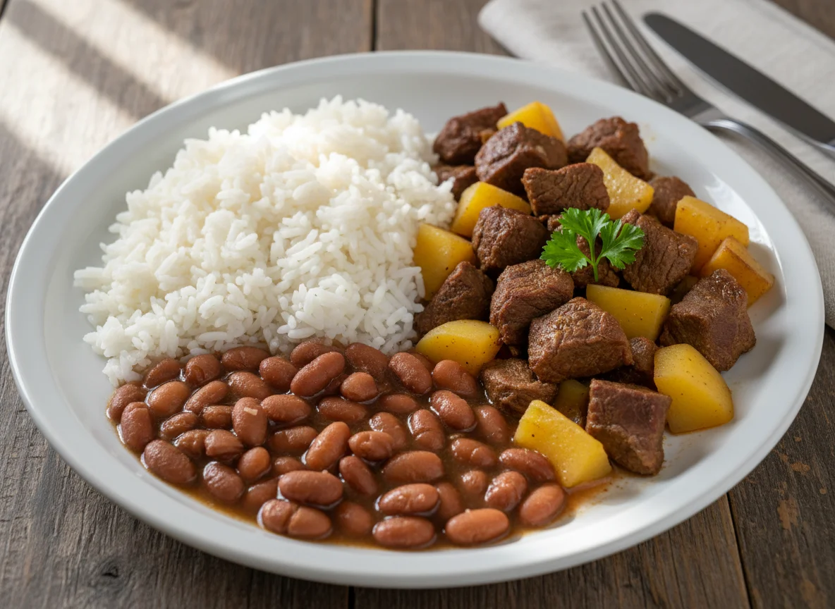 Prato feito brasileiro com carne e batatas photo