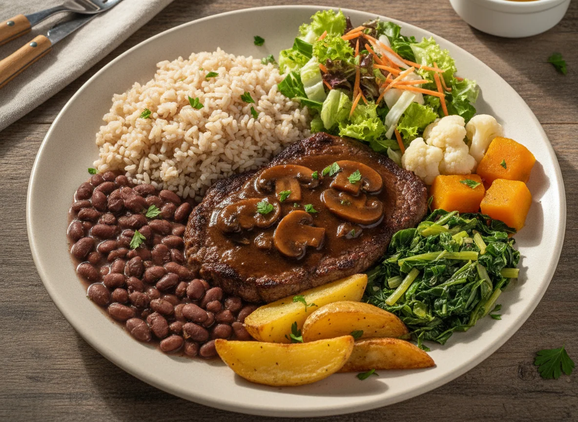Prato Feito Brasileiro com Carne e Molho Madeira photo