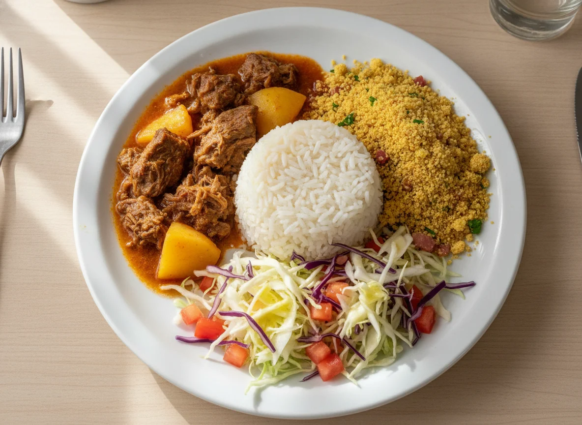 Prato Feito Brasileiro com Carne Ensopada, Arroz, Farofa e Salada photo