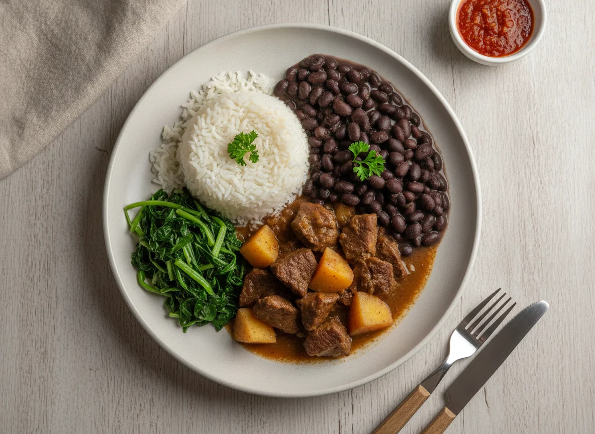 Prato Feito Brasileiro com Carne Ensopada, Arroz, Feijão e Couve photo