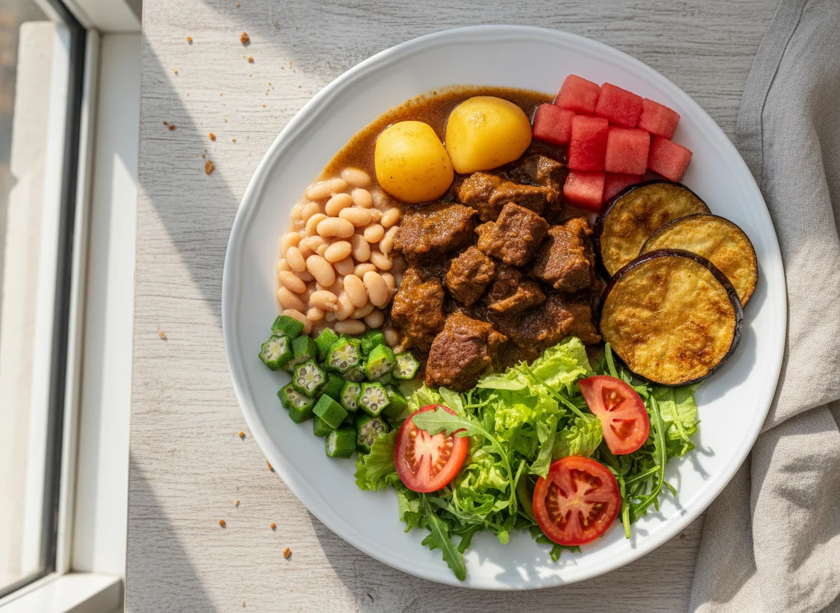Prato feito brasileiro com carne ensopada e acompanhamentos photo