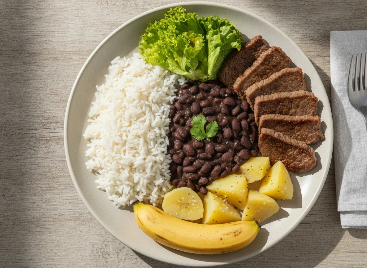 Prato feito brasileiro com carne, feijão, arroz, batata, salada e banana photo