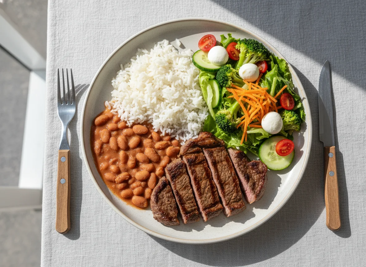 Prato feito brasileiro com carne, feijão, arroz e salada photo