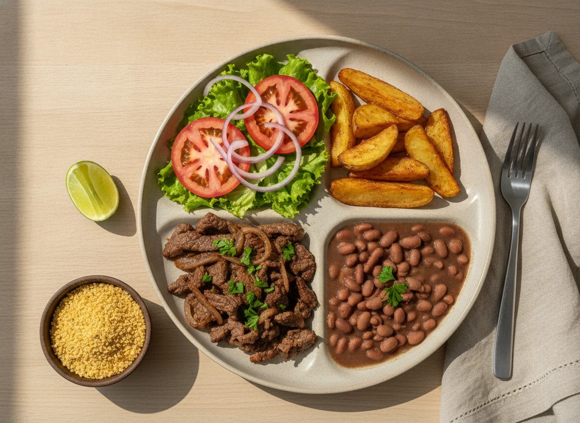 Prato feito brasileiro com carne, feijão, batata e salada photo