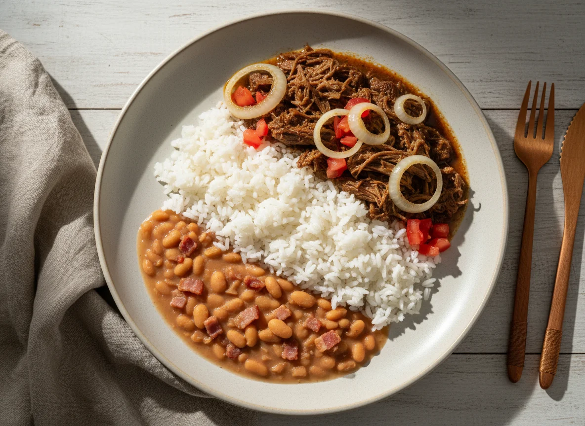 Prato feito brasileiro com carne, feijão e arroz photo