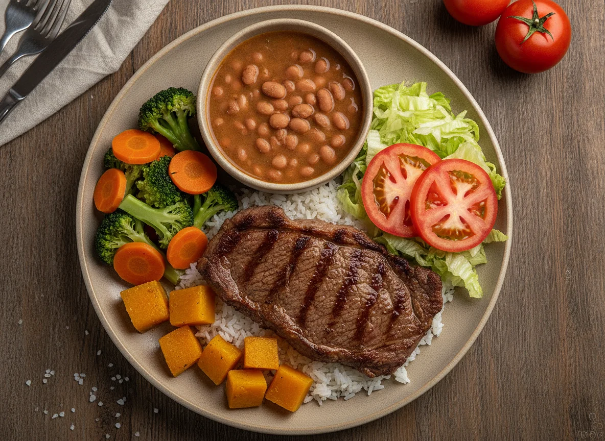 Prato Feito Brasileiro com Carne, Feijão e Legumes photo