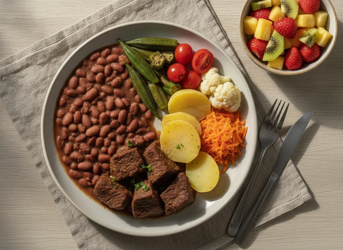 Prato Feito Brasileiro com Carne, Feijão e Salada de Frutas photo