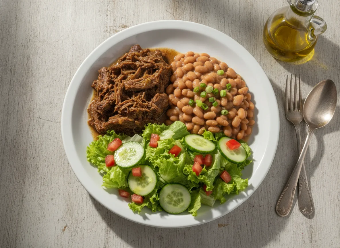Prato feito brasileiro com carne, feijão e salada photo