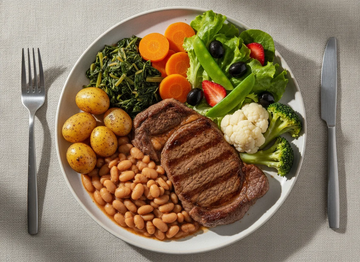 Prato feito brasileiro com carne, feijão e vegetais photo