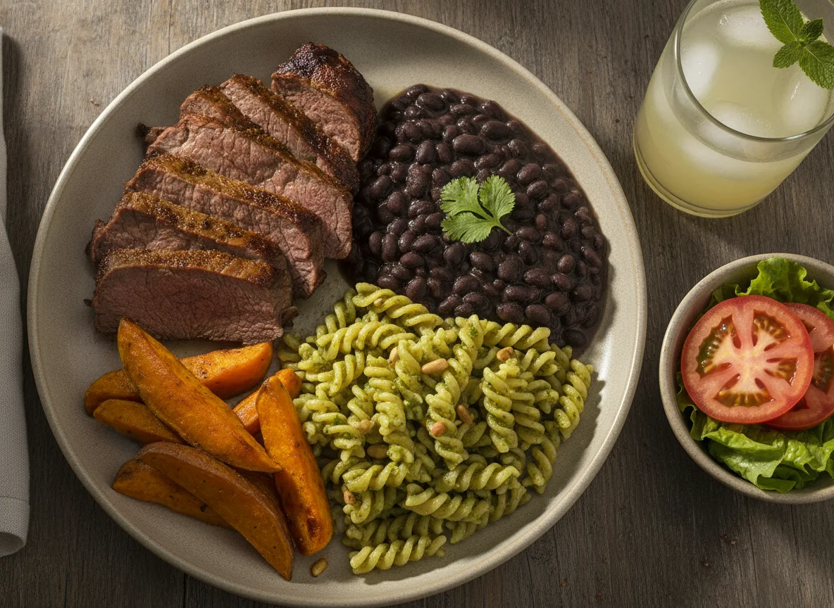 Prato Feito Brasileiro com Carne, Feijão Preto, Macarrão e Batata Doce photo