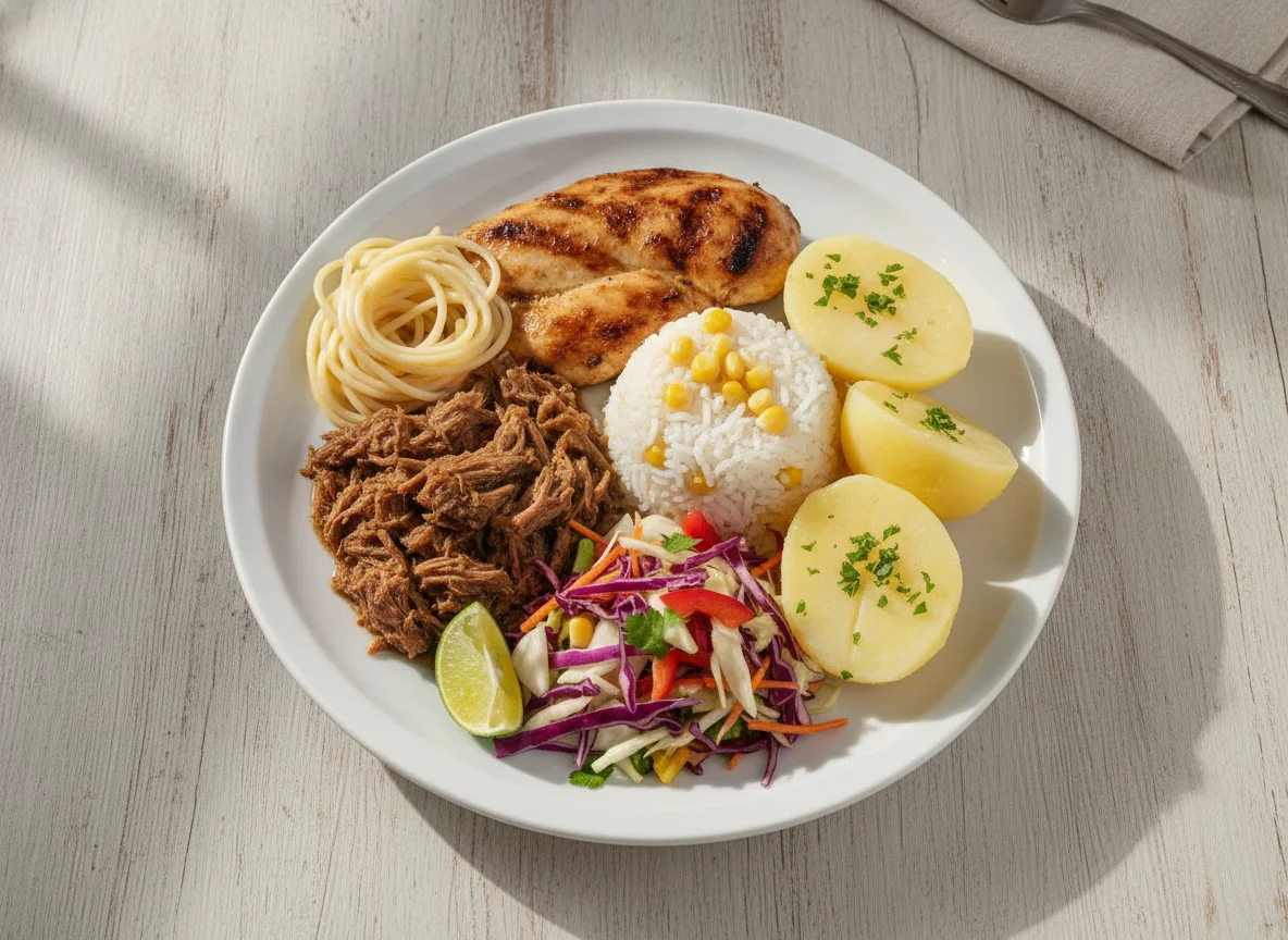 Prato feito brasileiro com carne, frango, arroz e acompanhamentos photo