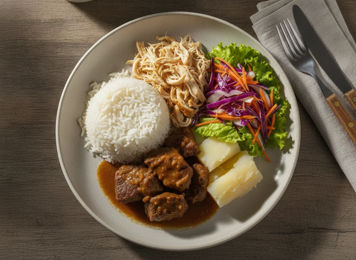 Prato Feito Brasileiro com Carne, Frango, Arroz e Salada photo