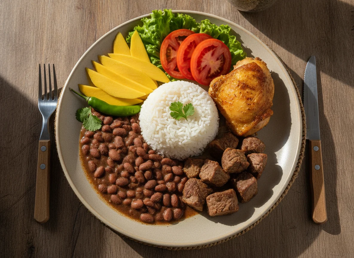 Prato Feito Brasileiro com Carne, Frango, Arroz, Feijão e Salada photo