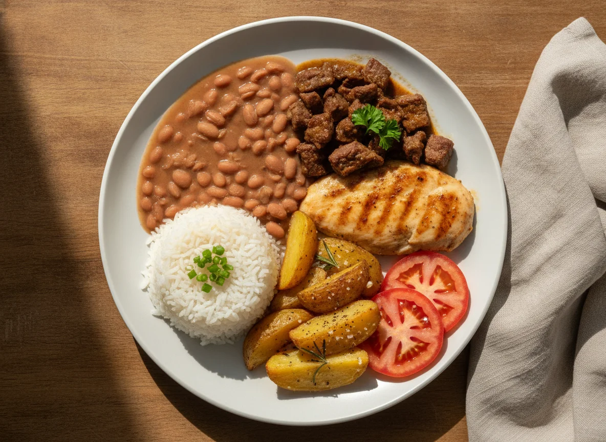 Prato Feito Brasileiro com Carne, Frango e Acompanhamentos photo