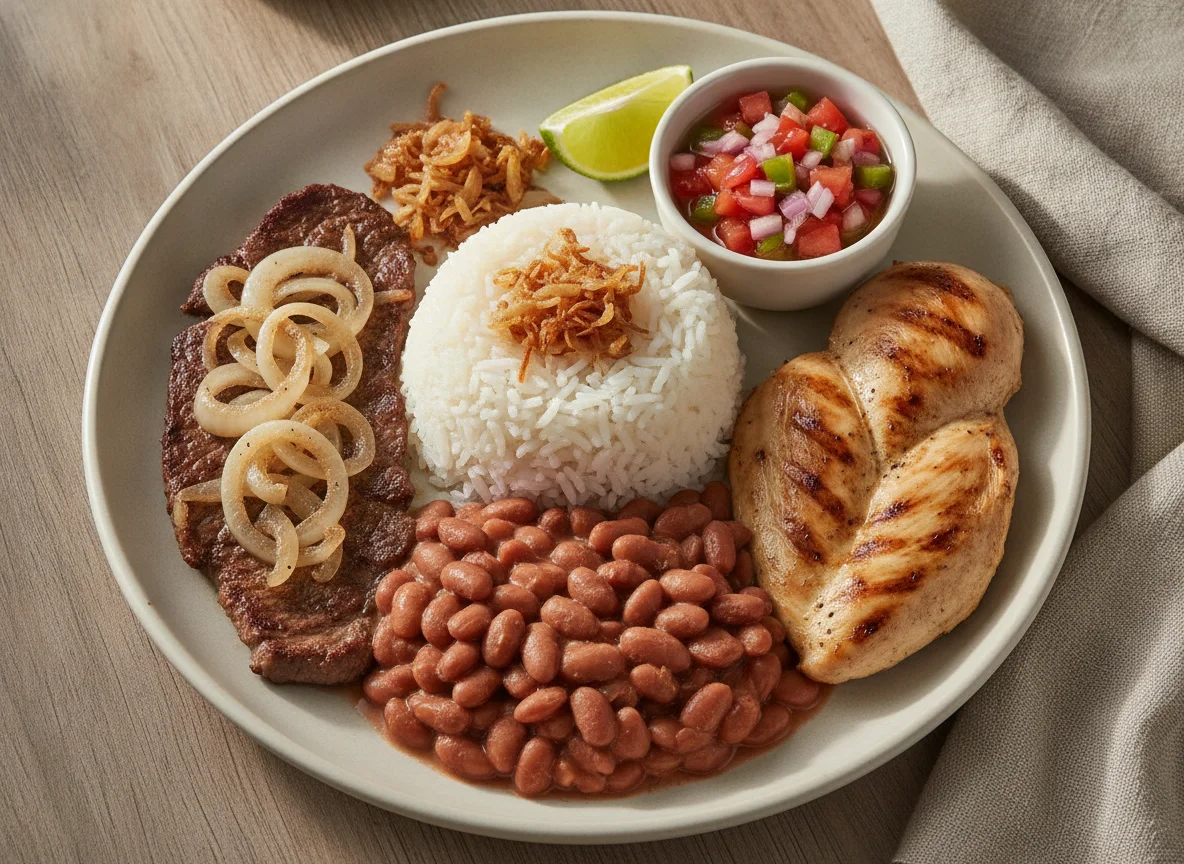 Prato Feito Brasileiro com Carne, Frango e Feijão photo