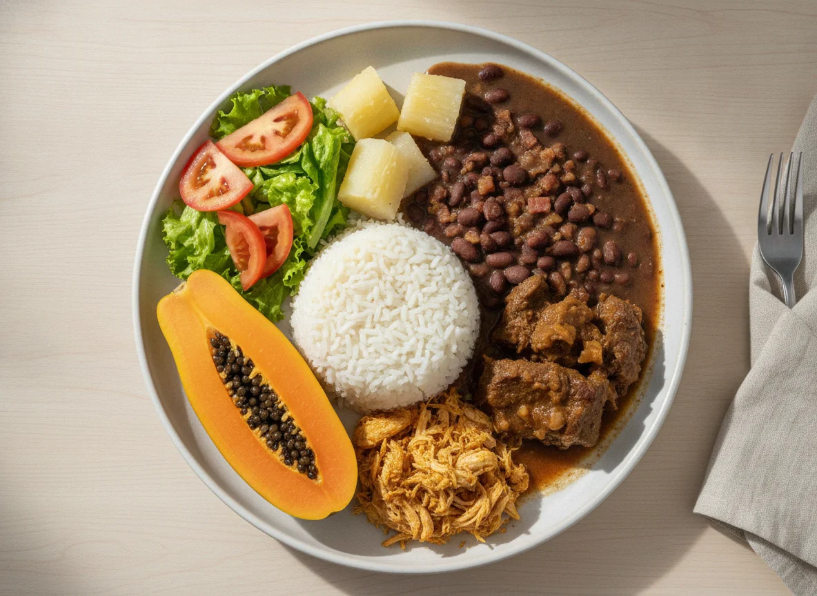 Prato Feito Brasileiro com Carne, Frango e Mamão photo