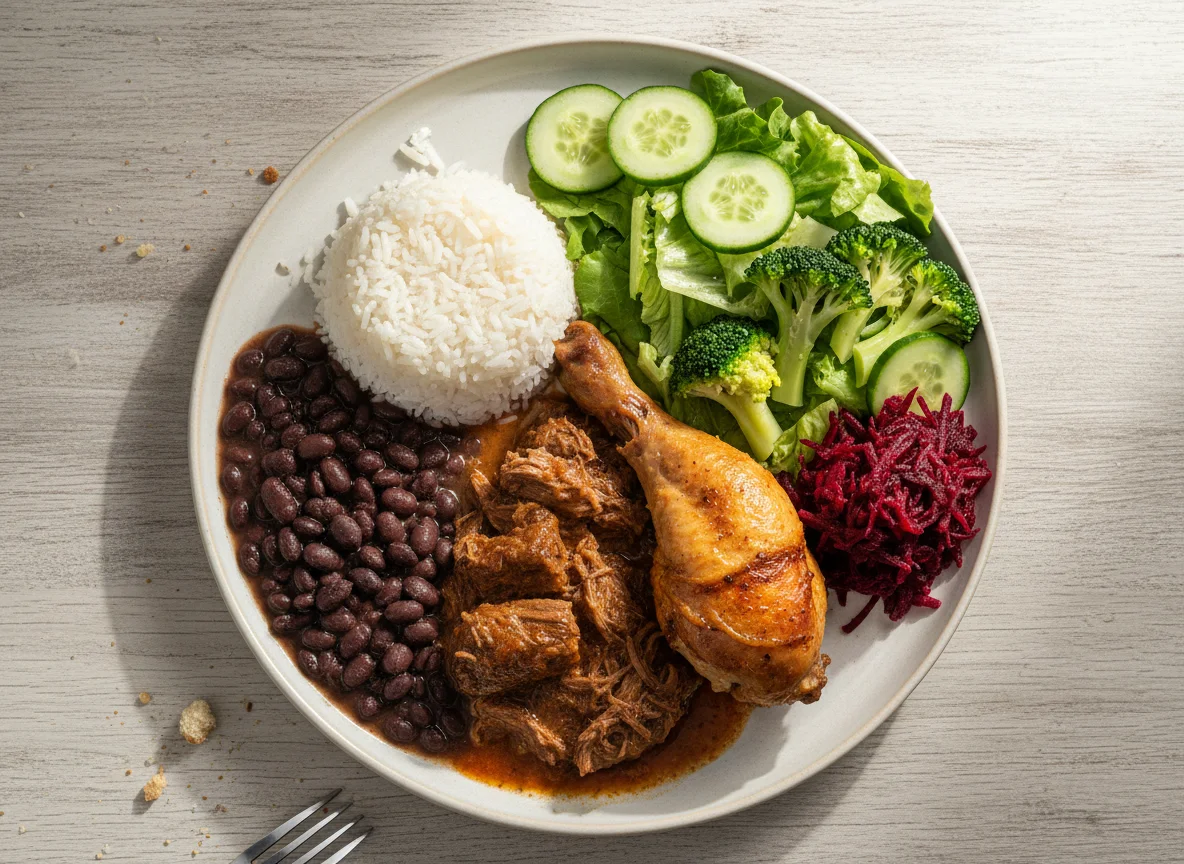 Prato feito brasileiro com carne, frango e salada photo