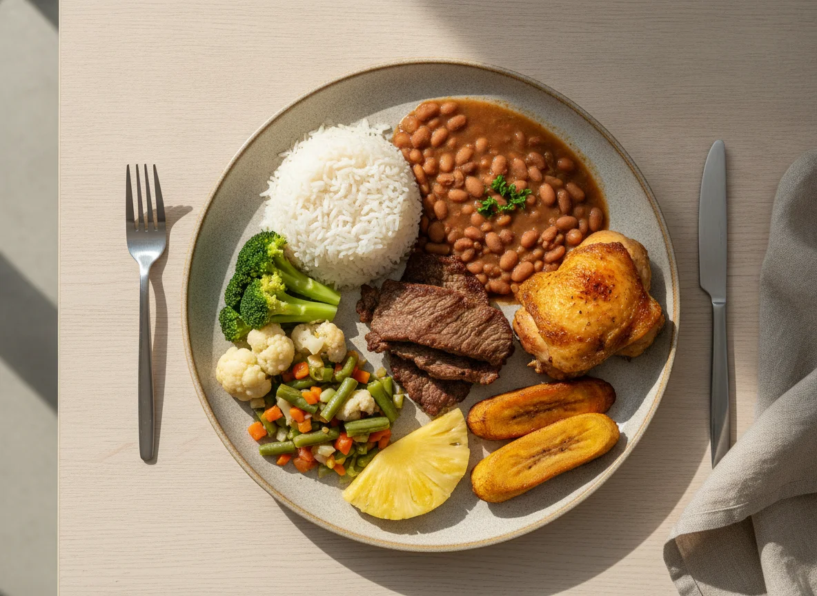 Prato Feito Brasileiro com Carne, Frango e Vegetais photo