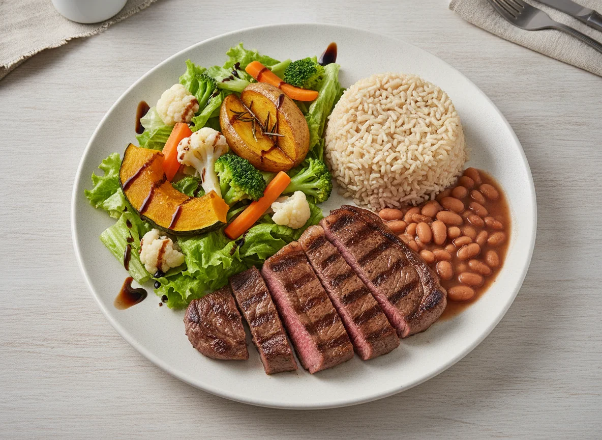 Prato Feito Brasileiro com Carne Grelhada, Arroz Integral, Feijão e Salada photo