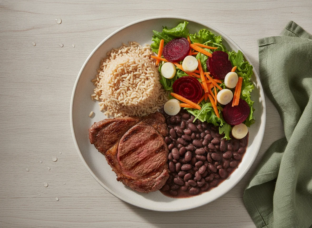 Prato Feito Brasileiro com Carne Grelhada e Salada photo
