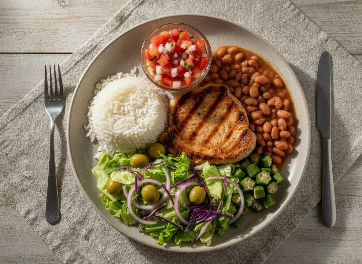 Prato feito brasileiro com carne grelhada, feijão, arroz e salada photo