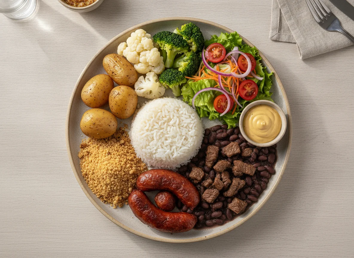 Prato Feito Brasileiro com Carne, Linguiça, Arroz, Feijão e Salada photo