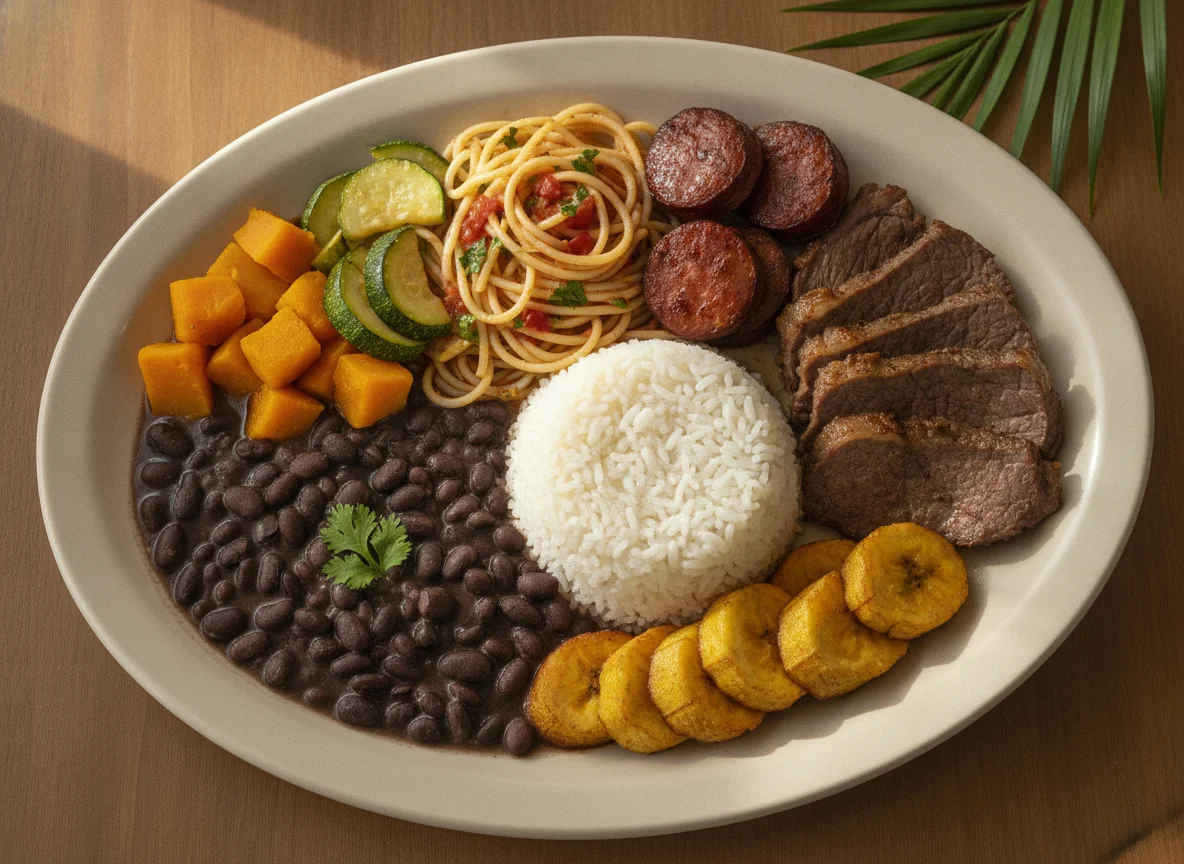 Prato Feito Brasileiro com Carne, Linguiça e Macarrão photo