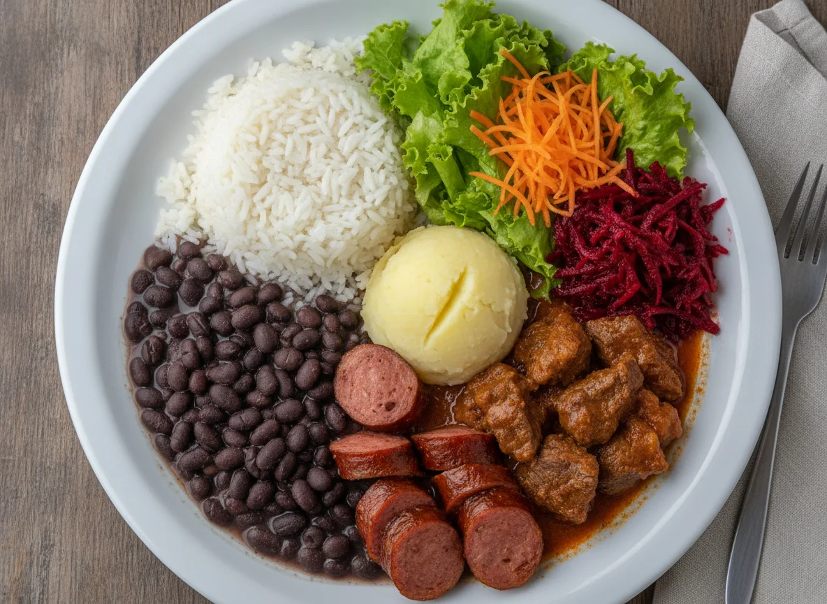Prato Feito Brasileiro com Carne, Linguiça e Purê photo